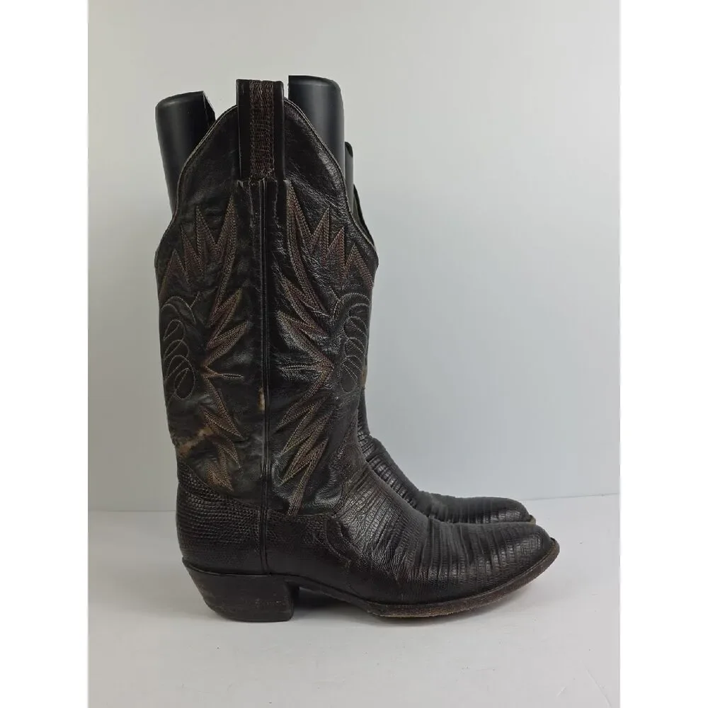 Vintage Sanders Boot Lizzard Brown Leather Men's Cowboy Boots Size 10 1/2